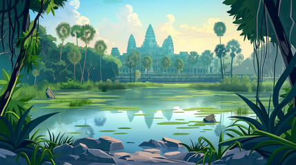 Cartoon tropical jungle forest swamp or lake landscape of Angkor Wat, Illustration.