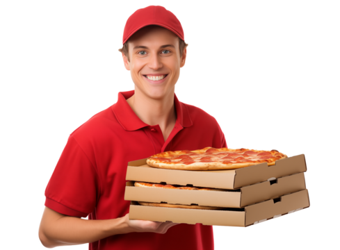 Pizza delivery man holding pizza boxes Isolated