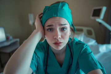 people of ai // young nurse in green scrubs sitting in hospital room, looking tired and worried while holding her head in the hand, stetoscope, photorealistic // ai-generated 