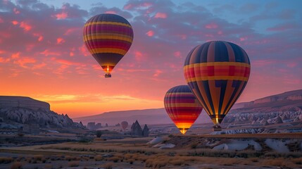 Hot Air Balloons Soaring at Sunrise. Majestic view of hot air balloons soaring in the sky during a tranquil sunrise over a rugged landscape.