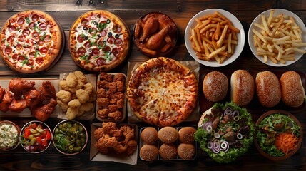 Buffet table scene of take out or delivery foods, Pizza, hamburgers, fried chicken and sides, Above view on a dark wood background