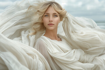 people of ai // elegant woman with blonde hair and blue eyes, white flowing fabric in the wind on the beach, beauty, silk dress, ethereal mood, windy beach, cloudy sky, photorealistic // ai-generated 