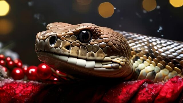 Close-up of a snake on New Year's background with snowflakes and bokeh in the background