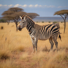 Zebra on the great african savana, noon, bright