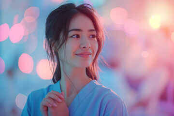 people of ai // beautiful asian woman wearing blue nurse uniform, scrubs, smiling, surrounded by soft pastel pink and purple lights, photorealistic // ai-generated 