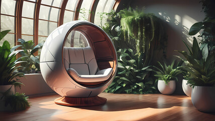 futuristic sci-fi pod chair, Flat Design, Product-View, editorial photography, transparent orb, product photography, natural lighting, plants, natural daytime lighting, zbrush, 8k, natural wooden envi