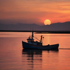 Naklejka premium sunset fishing boat at lake 