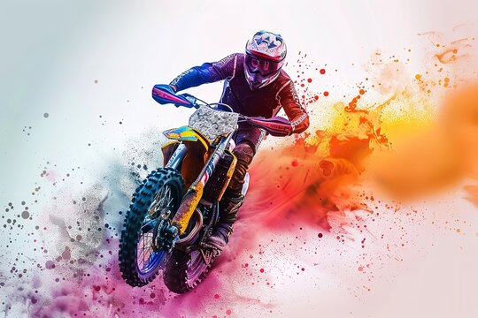 A motorcyclist taking off from a motorcycle, with vivid hues streaking over a white backdrop lovely artwork sports notion and space, Generative AI.