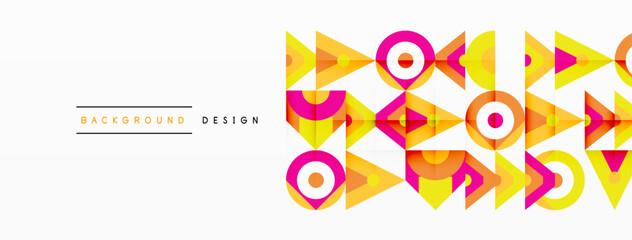 A vibrant geometric design featuring arrows, circles, and triangles in magenta, electric blue, and white. Graphic symbols fill the composition, resembling a modern art logo