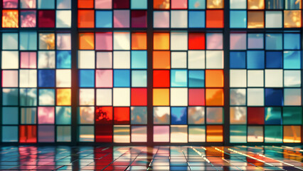 Colorful abstract 3d mosaic background, a vibrant and modern room with a wall of colorful glass panels in red, blue, yellow, and other bright colors, a Korean traditional style color combination
