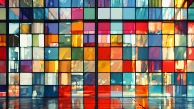 Colorful abstract 3d mosaic background, a vibrant and modern room with a wall of colorful glass panels in red, blue, yellow, and other bright colors, in a Korean traditional style color combination