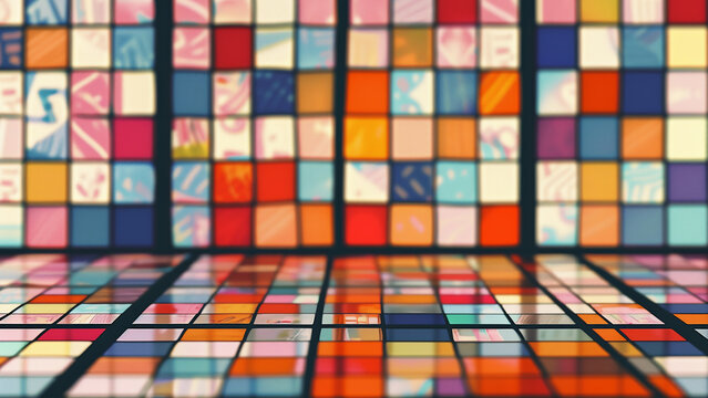 Colorful abstract 3d mosaic background, a vibrant and modern room with a wall of colorful glass panels in red, blue, yellow, and other bright colors, a Korean traditional style color combination