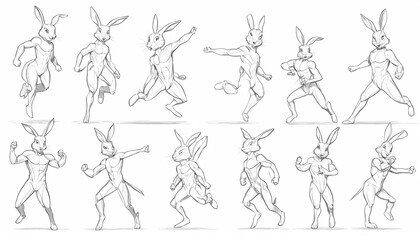 Fototapeta na wymiar Dynamic Rabbit Poses: A Pencil Sketch Study in Character Design