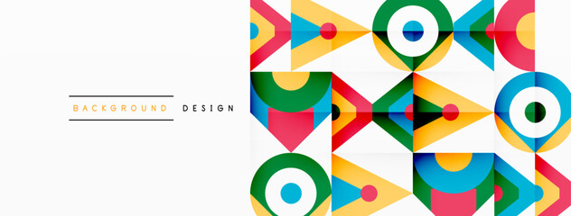 A vibrant geometric pattern featuring rectangles, circles, and triangles with colorful arrows on a white background, showcasing symmetry and creativity in visual arts