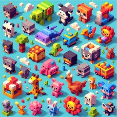 3d isometric colorful of animals with funny