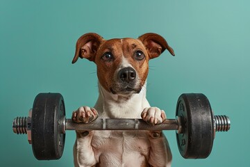 Over a light green backdrop, a dog is holding a black dumbbell trying to be fit a lovely funny dog a lovely shot to witness and space, Generative AI.