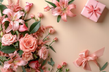 A top view of beautiful bouquet of rose and lilies flowers with a gift box kept on a beige backdrop with a big space for text or product advertisement background, Generative AI.