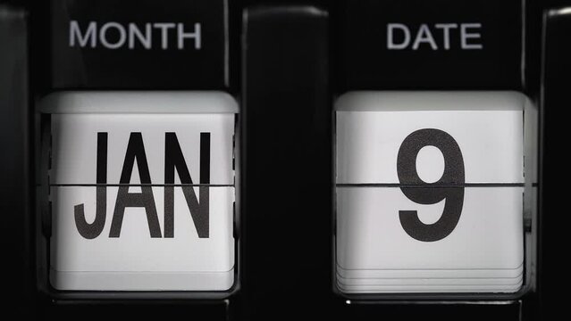 retro flip calendar with a date change from the eighth of January to the ninth of January. daily calendar with a change of days of the month. calendar concept, reminders, events. close up.