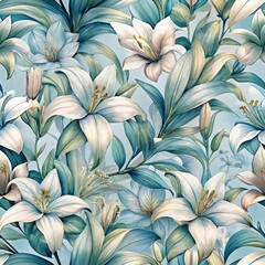 Seamless pattern of elegant lilies in serene watercolor tones, Generative AI