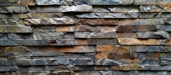 A detailed close-up of a stone wall displaying a variety of colors and textures in intricate patterns