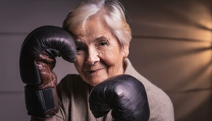 Old lady wearing boxing gloves and have adopted a defensive posture