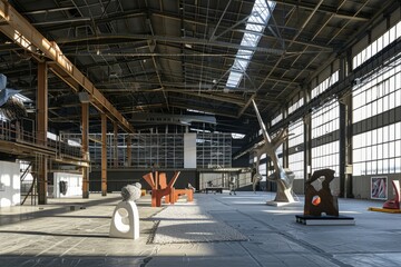 An industrial hangar transformed into an art installation, with sculptures and installations filling the empty space, Generative AI