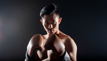 Traditional martial art. A guy having a Muay Thai fighting posture