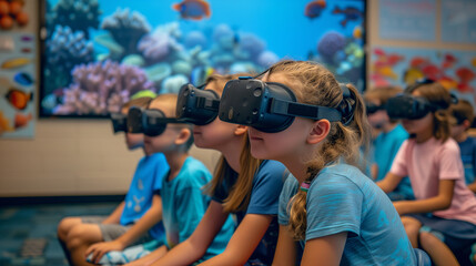 Children Exploring Underwater World with VR Headsets. Group of children wear virtual reality headsets in a classroom, engaging with a vibrant underwater simulation.
