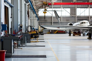 Rows of empty maintenance bays in a hangar, tools neatly arranged and waiting for the next aircraft to arrive, Generative AI