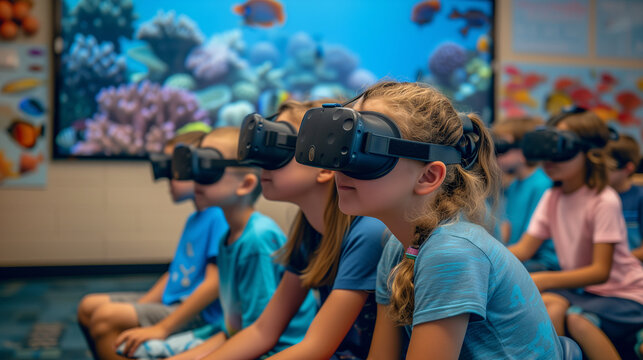 Children Exploring Underwater World with VR Headsets. Group of children wear virtual reality headsets in a classroom, engaging with a vibrant underwater simulation.