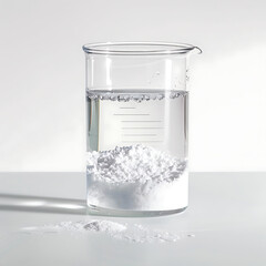 A beaker of water of a fine white powder laying flat at the bottom of water on top, amount of powder