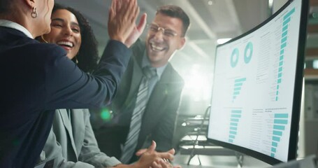 Computer screen, data analytics and team winning with information, bonus or target for business growth. Cheers, success and support with high five in meeting with analyst people, dashboard and stats