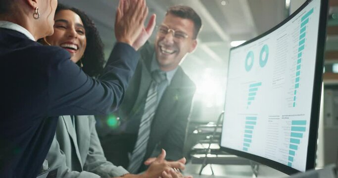 Computer screen, data analytics and team winning with information, bonus or target for business growth. Cheers, success and support with high five in meeting with analyst people, dashboard and stats