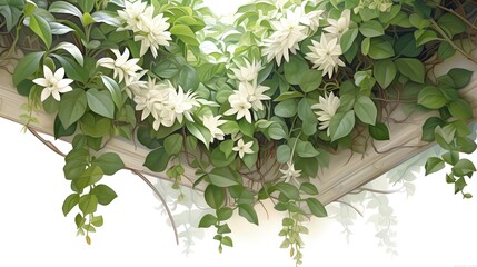 Artful arrangement of Jasmine and Hoya plants in a botanical gardens shaded alcove, emphasizing their climbing habits and fragrant blooms