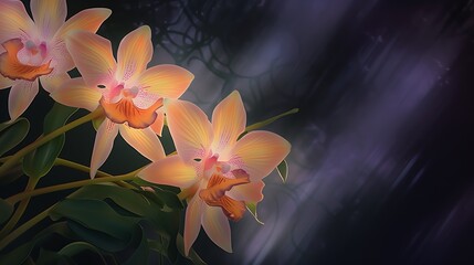 Artistic composition featuring tiger orchid and sky flower, focusing on exotic patterns and aerial blooms in a greenhouse setting