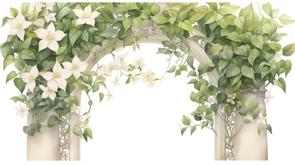 Artful arrangement of Jasmine and Hoya plants in a botanical gardens shaded alcove, emphasizing their climbing habits and fragrant blooms
