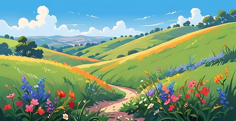 A vibrant summer landscape with rolling hills, dotted with wildflowers and tall grasses, stretching towards a clear blue sky.