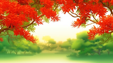 Lush landscape with royal poinciana and peacock tail trees, their sprawling branches adorned with fiery blooms, dominating the scenery