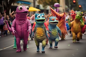 Time-Warp Parade: Creatures from different time periods marching in a parade.