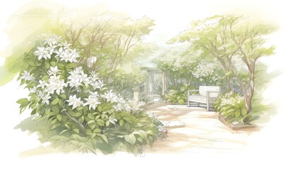 Serene backyard garden designed with an array of sweetscented Jasmine varieties, creating a relaxing and fragrant oasis