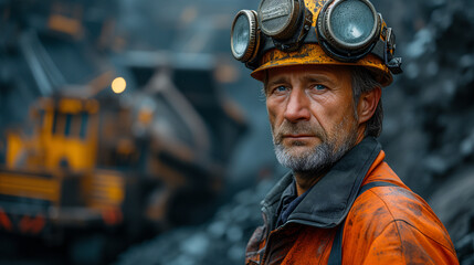 Seasoned Miner in Front of Tunnel Excavation Equipment. Grizzled veteran miner with a headlamp...