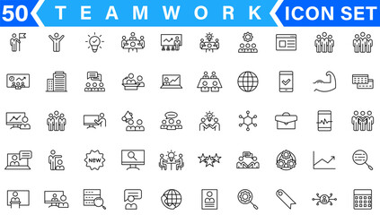 Business teamwork, team building, work group and human resources minimal thin line web icon set. Outline icons collection