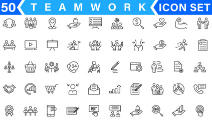 Business teamwork, team building, work group and human resources minimal thin line web icon set. Outline icons collection