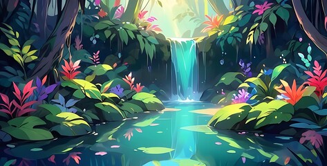 A serene waterfall hidden deep within a mystical forest, its crystal clear waters reflecting the vibrant colors of the surrounding flora.
