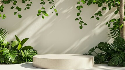Podium mockup, natural plant leaves background for product display, 3d render