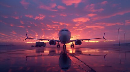 Commercial Airplane at Sunset on Runway. Commercial airplane facing the camera on a reflective wet runway, with a dramatic sunset sky in the background. - obrazy, fototapety, plakaty