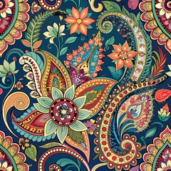 Seamless pattern of intricate paisley designs accented with floral elements, Generative AI