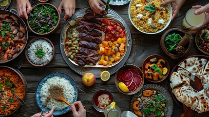Flat lay of family feasting with Turkish cuisine lamb chops, quince, bean, vegetable salad, babaganush, rice pilav, pumpkin dessert, lemonade over rustic table, top view, Middle East cuisine