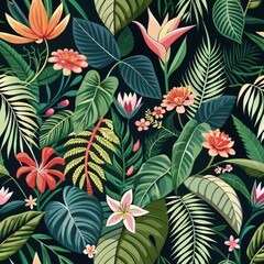 Seamless pattern of lush tropical foliage intertwined with exotic flowers, Generative AI