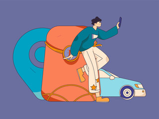 Flat vector concept operation hand drawn illustration of people taking a taxi
